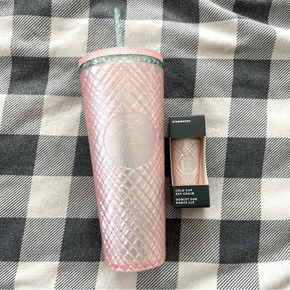 Starbucks jeweled pink pearl mint tumbler -Venti with matching key chain - Picture 1 of 3
